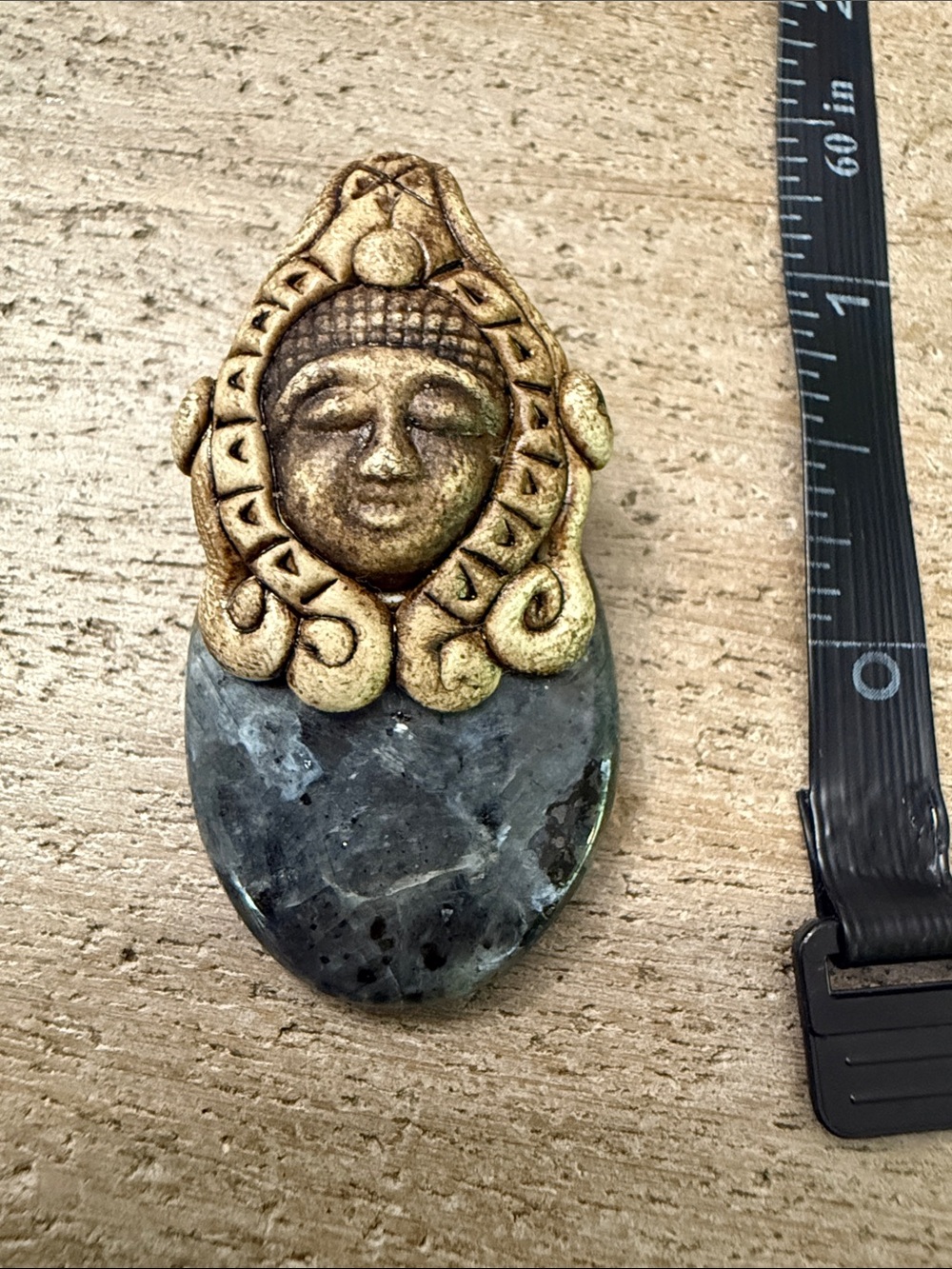 Carved Buddha Pendant with Labradorite Teardrop - Gold and Deep Blue-Green